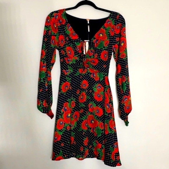 Free People Rouched Love FLORAL red Ruffle mini long sleeve dress - Picture 2 of 10